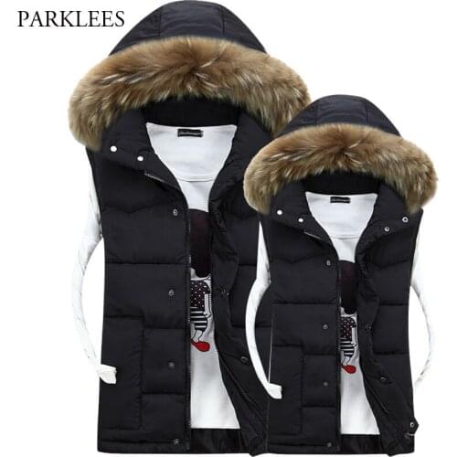 Winter Mens Vest Fur Hooded Casual Sleeveless Outwear Solid Warm Thick Hommes Veste Men/Women Hat Detachable Cotton-Padded Vests