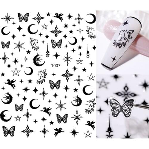 1 Sheet New Nail Decor Black and White Stars Butterfly 3D Sticker Decals Nails Accessories Fashion DIY Design Manicure 8*10cm