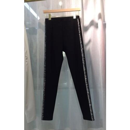 10.19 HIGH QUALITY !!! Women Fashion Side sequin Elastic waist Black pencil small Feet pants