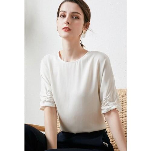100% Silk T-Shirt Women Casual Style 4 Colors Pullover Tops Women Solid High Quality Work Silk Shirts For Women New Fashion