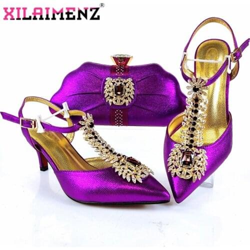 2020 Winter New Arrivals Nigerian Women Shoes and Bag Set in Purple Color Decorate with Rhinestone Lady Shoes Matching Bag