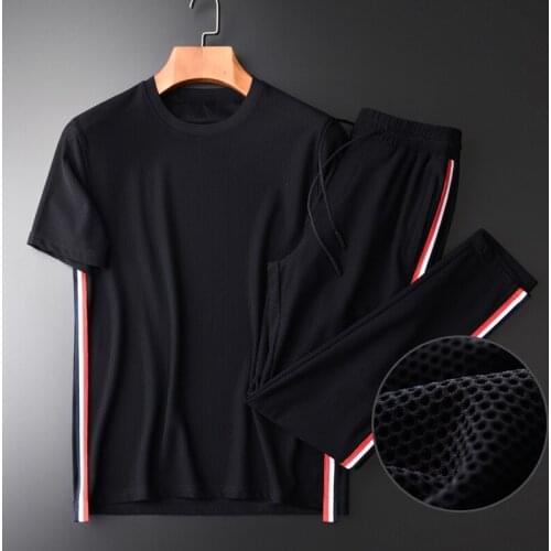 21C Mesh Men Sets (T-SHIRTS+PANTS) Side Ribbon Design Short Sleeve T-shirt Mans Sets Plus Size 4XL Summer Sport Mens Sets