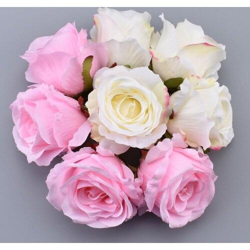 5PCS Silk Blooming Pink White Roses Artificial Flower Head For Wedding Decoration DIY Wreath Gift Scrapbooking Big Craft Flower