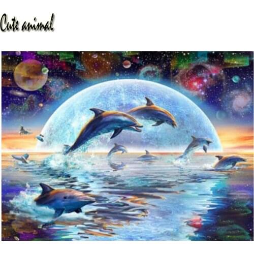 5D Diamond Painting Dolphin seascape moon Cross Stitch Full drill Square Diamond Embroidery Rhinestone Diamond Mosaic Decoration
