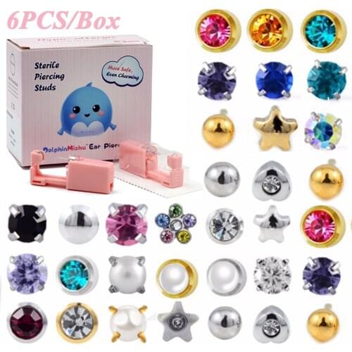 6Units More Safe Even Charming Dolphin Mishu 316L Stainless Steel Sterlised Disposable Safety Ear Piercing Device Piercer Tool