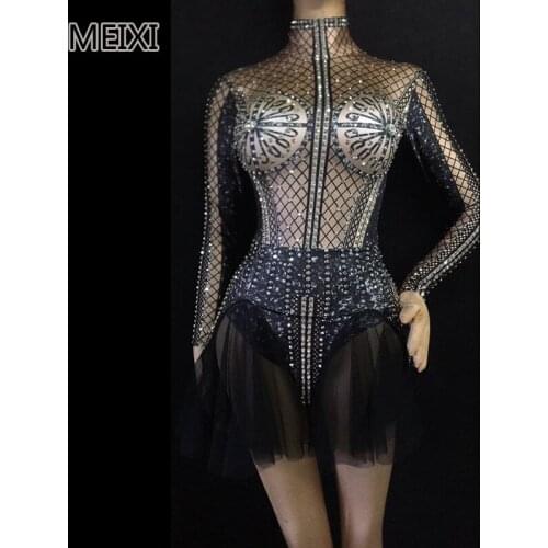 Sparkly black sexy hollowed-out gauze dress rhinestone stretch dress bar nightclub concert singer dancer costume