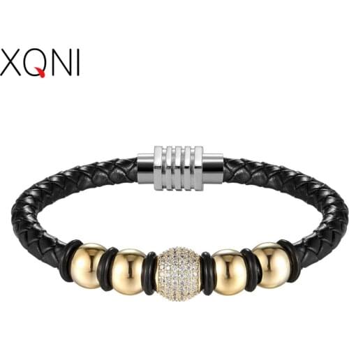 XQNI New Design Genuine Leather 4 Colors Ball Stainless Steel Inlaid Cubic Zircon Bracelet With Velvet Bag Gift Packing Jewelry