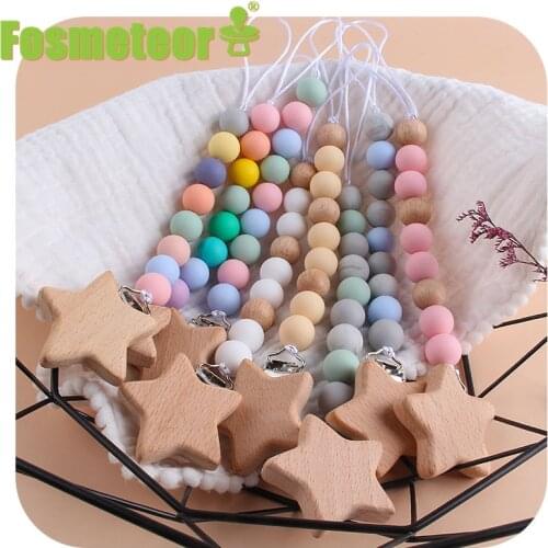 Fosmeteor BPA Free Pacifier Chain Beech Wood Star Shape Pacifier Clip Dummy Holder Nipple Holder Baby Newborn Teething Toys