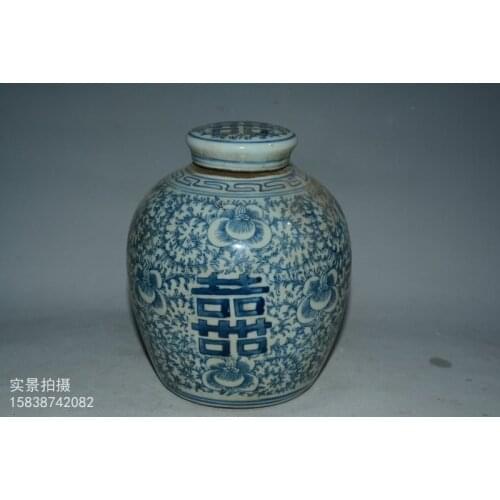 Antique QingDynasty porcelain jar,Blue&White pot,Flower&Text,Hand-painted crafts,Decoration,collection & adornment,Free shipping