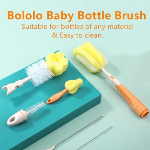 6Pcs/set Bololo Baby Bottle Sponge Cleaning Brush Tools Handle Portable Straw Brush Set 360° Rotating Head Pacifier Brush