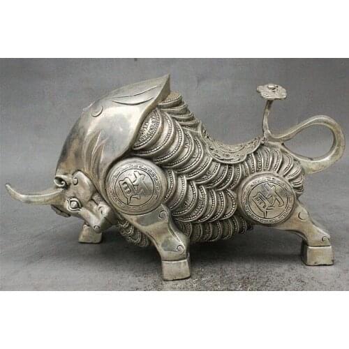 WBY 927+++11" Folk Chinese FengShui Silver Wealth RuYi Strong Zodiac Year Bull Oxen Statue
