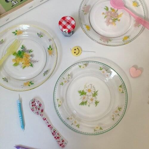 INS Korean Style Kitchen Little Daisy Glass Plate Vintage Girl Heart Flower Dessert Dim Sum Dish Fruit Salad Dinner Plates