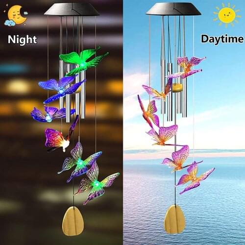 Color Changing Solar Power Wind Chime Lamps Colorful Hummingbird Butterfly Windbell Aluminium Pendant Light for Home Garden