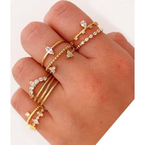 11 Pcs/Set Fashion Metal Carved Zircon Rings for Women Alloy Gold Color Ring Set Star Pattern Rhinestone Party Jewelry Gifts