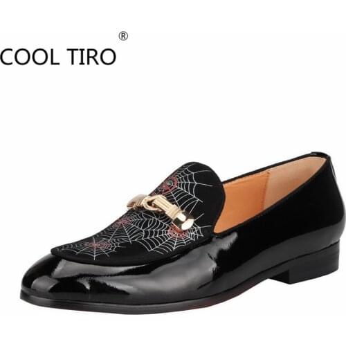 Black Patent leather Spider Web Print Horsebit Mens Moccasin Loafers Shoes Slip On Slippers Wedding Party Shoes Silver/Golden