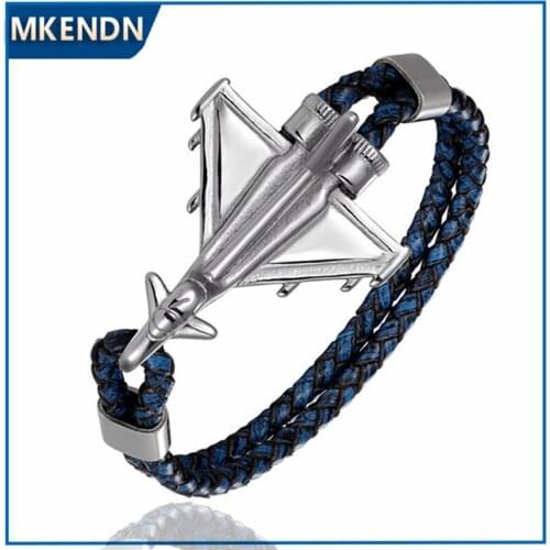 MKENDN New Design Braided Genuine Leather Bracelets Men Stainless Steel Airplane Anchor Bracelets Female Friendship Gifts