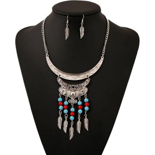 Bohemia Ethnic Carved Crescent Bead Ball Leaves Tassel Necklace Earrings Set Leaf Choker Jewelry Set