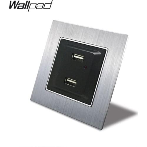 Metal EU 2 USB Ports Wallpad 86*86mm 110V-240V AC Silver Metal Panel Double Wall USB Charging Socket with Claws Round Back