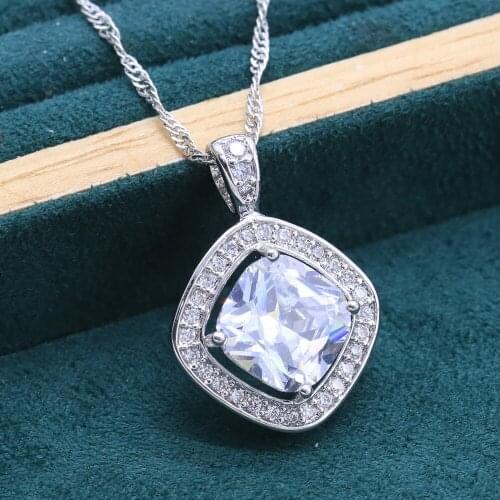 Square 925 Silver Pendant Necklace For Women Birthday Christmas Gift Wedding Jewelry Blue Pink Green White Blue Topaz