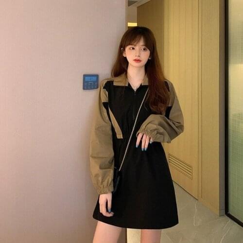 Dress Women Long Sleeve Panelled Patchwork Turn-down Collar Female Dresses High Waist Mini Elegant Cargo-style Leisure Casual