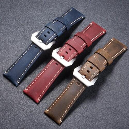 High quality Crazy Horse Sports Men Leather Watchband 22mm 24mm 26mm Red Blue Brown Handmade Watch Strap With Solid Button