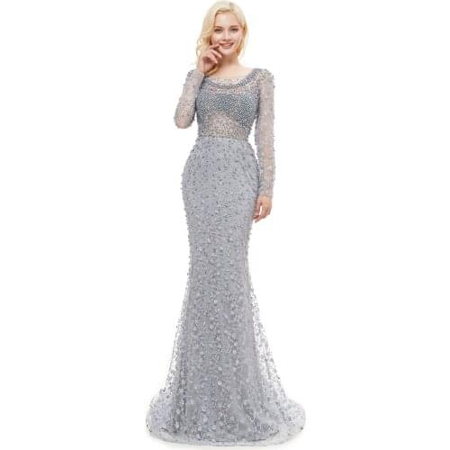 2020 Luxury Sexy Elegant Mermaid Tulle Evening Dress Long Crystal Pearls Sparkly Evening Gowns Customer Make To Order