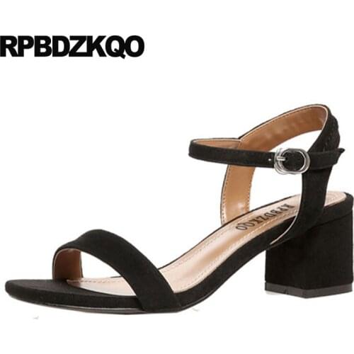 Slingback nude chunky square korean genuine leather female ladies shoes women black summer double strap sandals suede thick