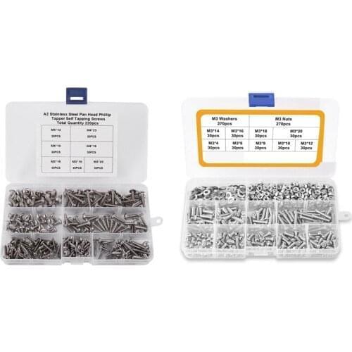 220x M3 M4 M5 Mini 304 Stainless Steel Cross Phillips Pan Round Head Self Tapping Wood Screw & 810x Screw Assortment Kit