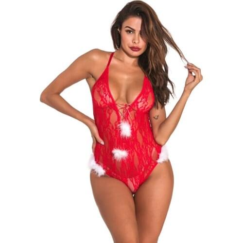 Womens Christmas Clothes Lingerie Lace Bodysuit One Piece Teddy Sexy Nightwear Shaperwear