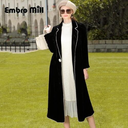 Luxurious Flocking + Silk Splicing Beading Windbreaker Women New Autumn Mid-Length Suit Collar Long-Sleeved Lady Coat S-XL