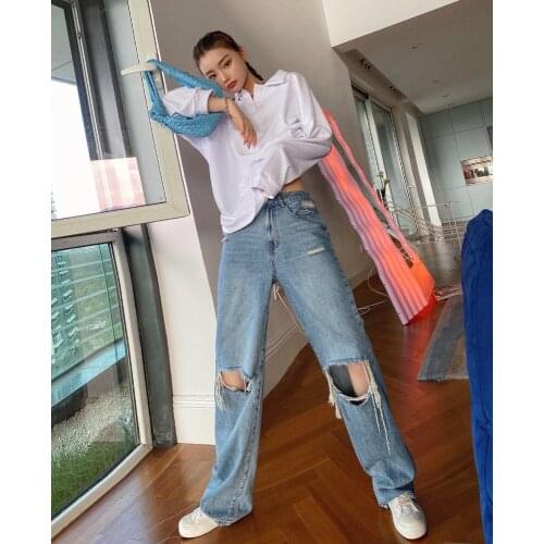 2021 New Ripped Jeans Woman High Waist Spring Vintage Streetwear Straight Long Pants Versatile Blue Casual Femme Denim Trouser