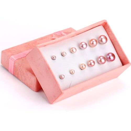 LUXUSTEEL Pink/White Freshwater Pearl Stud Earring Sets Stainless Steel 6pairs/Boxes Earrings For Women Pendientes Mujer Party