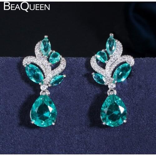 BeaQueen Lovely Cute Blue Green Water Drop Cubic Zircon Crystal Hanging Earrings for Women Fashion Jewelry Accessories E413