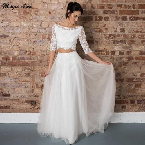 Magic Awn Simple Two Pieces Boho Mermaid Wedding Dresses Detachable Skirt Lace Tulle Beach Wedding Party Gowns With Sleeves Robe