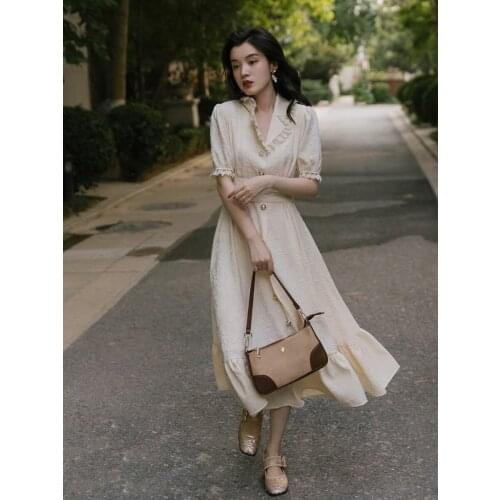 French Retro Hepburn Embossed Chain Link Flower Dress Summer Ruffle Lapel Temperament Single-breasted Korean Dress