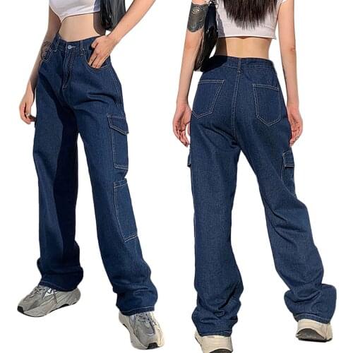 2021 Trendy Solid Jeans Women Denim Pants High Waist Baggy Pockets Wide Leg Pants Sexy Casual Straight Trousers Streetwear