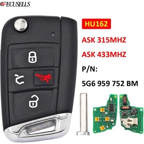 4B Remote Smart Car Key Fob ASK 315Mhz / 433Mhz P/N: 5G6 959 752 BM for Volkswagen For VW Jetta Atlas Golf GTI / MQB AES / HU162