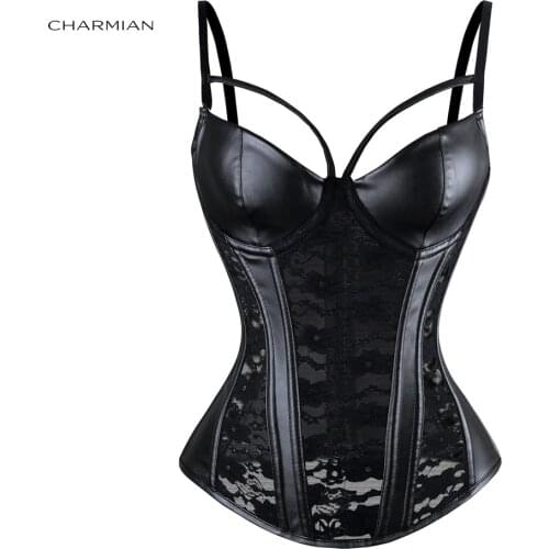 Charmian Womens Sexy Steampunk Gothic Corset Faux Leather Foral Lace Black Plus Size Overbust Corsets and Bustiers