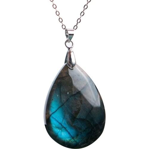 Precious Strong Blue Lights Natural Labradorite Gems Stone Crystal Water Drop Bead Necklace Charm Pendant 36x23x10mm