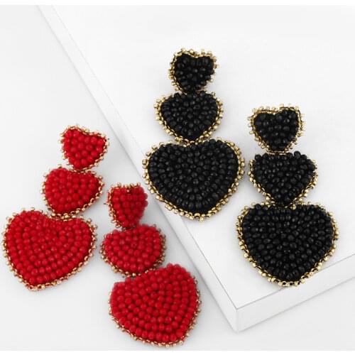 FLOLA Bohemian Big Pink Heart Earrings For Women Large Handmade Beaded Drop Earrings Hanging Statement Jewelry Oorbellen ersw94