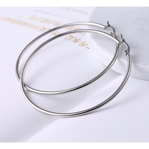 1 Pair 10-70mm Big Smooth Circle Stainless Steel Earrings Fashion Women Girl Trendy Large Hoop Earrings Jewlry