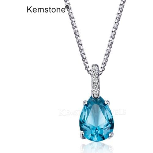 Kemstone Blue Zircon Water Drop Copper Pendant Necklace Female Jewelry for Women