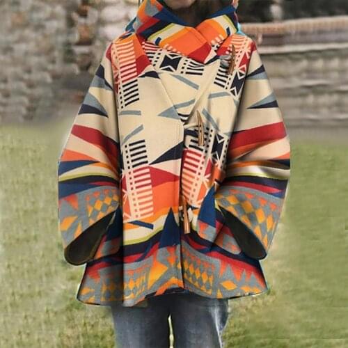 Fashion Women Autumn Winter Toggle Button Coat Print Hooded Jacket Outerwear