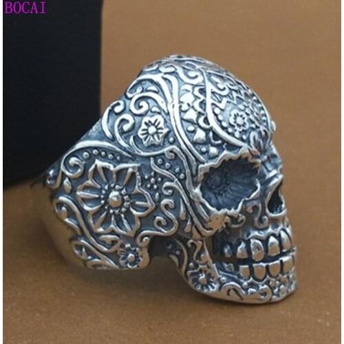 BOCAI Real Solid S925 Sterling Silver Skull Ring For Men And Women Retro Thai Silver 2021 New Fashion Personality Rings