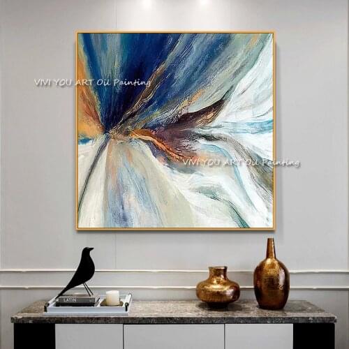 Modern Abstract Blue Orange Grey Canvas Painting Posters Handmade Wall Art Pictures for Living Room Office Home Decor No Frame