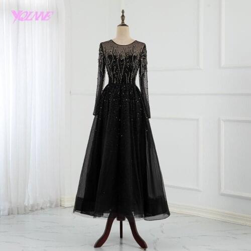 New Collection Black Crystal Beaded Evening Gown Long Sleeve Tulle Aline Tea-Length Women Party Dresses Elegant