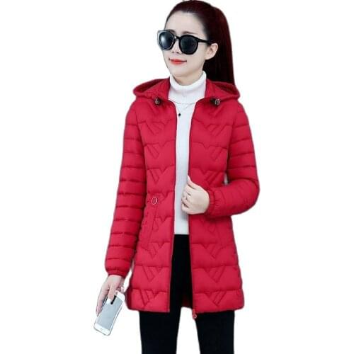 2021 New Medium Long Slim Down Cotton Parkas Female Warm Hooded Coats Womens Winter Thin light Jackets Plus Size 6XL D1155