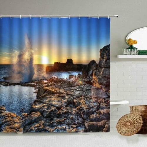Ocean Waves Reef Stone Waterproof Shower Curtain Sunshine Sunset Sea Scenery Nature Photography Bathroom With Hook Cloth Screen