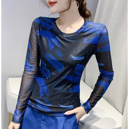 Autumn New Long-sleeved Mesh Printing Womens T-shirt Fashion Korean Style Women Tops Shirt Plus Size Woman clothing
