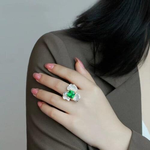 Silver Fashion Charm Flower Open Ring Inlay Green Crystal Shiny Small Zircon Elegant High Grade Jewelry For Women Wedding Party